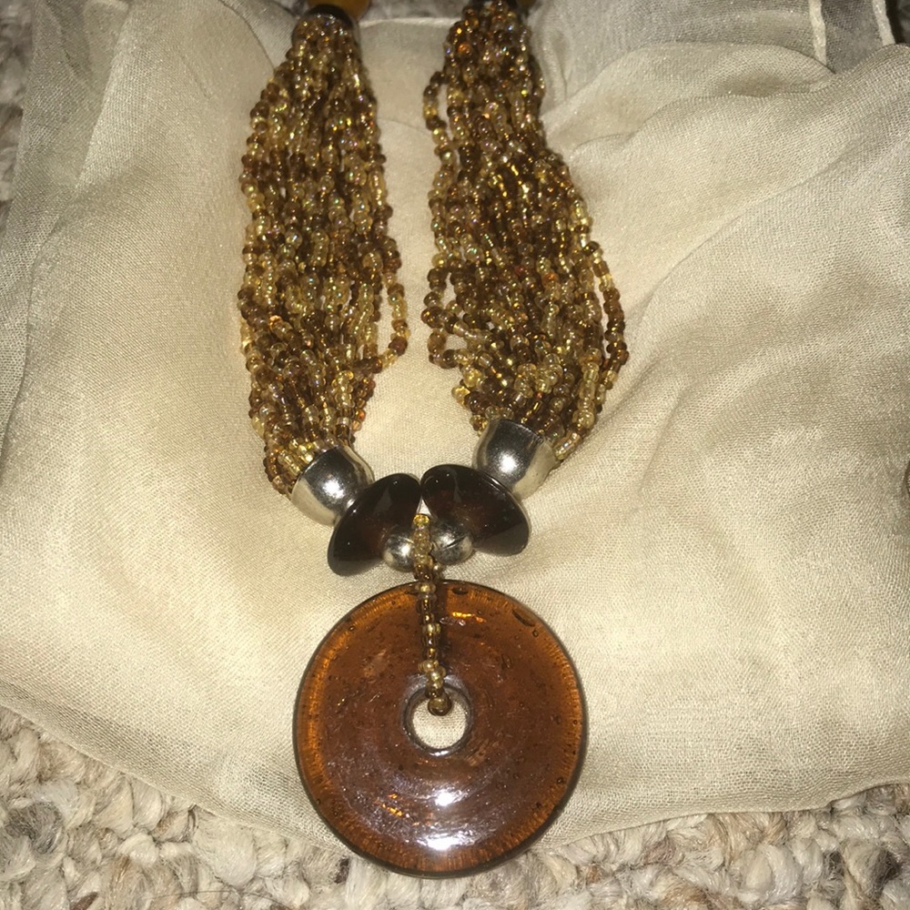 Gorgeous Brown Artisan Glass Pendant Disc Multi Strand Seed Bead Necklace